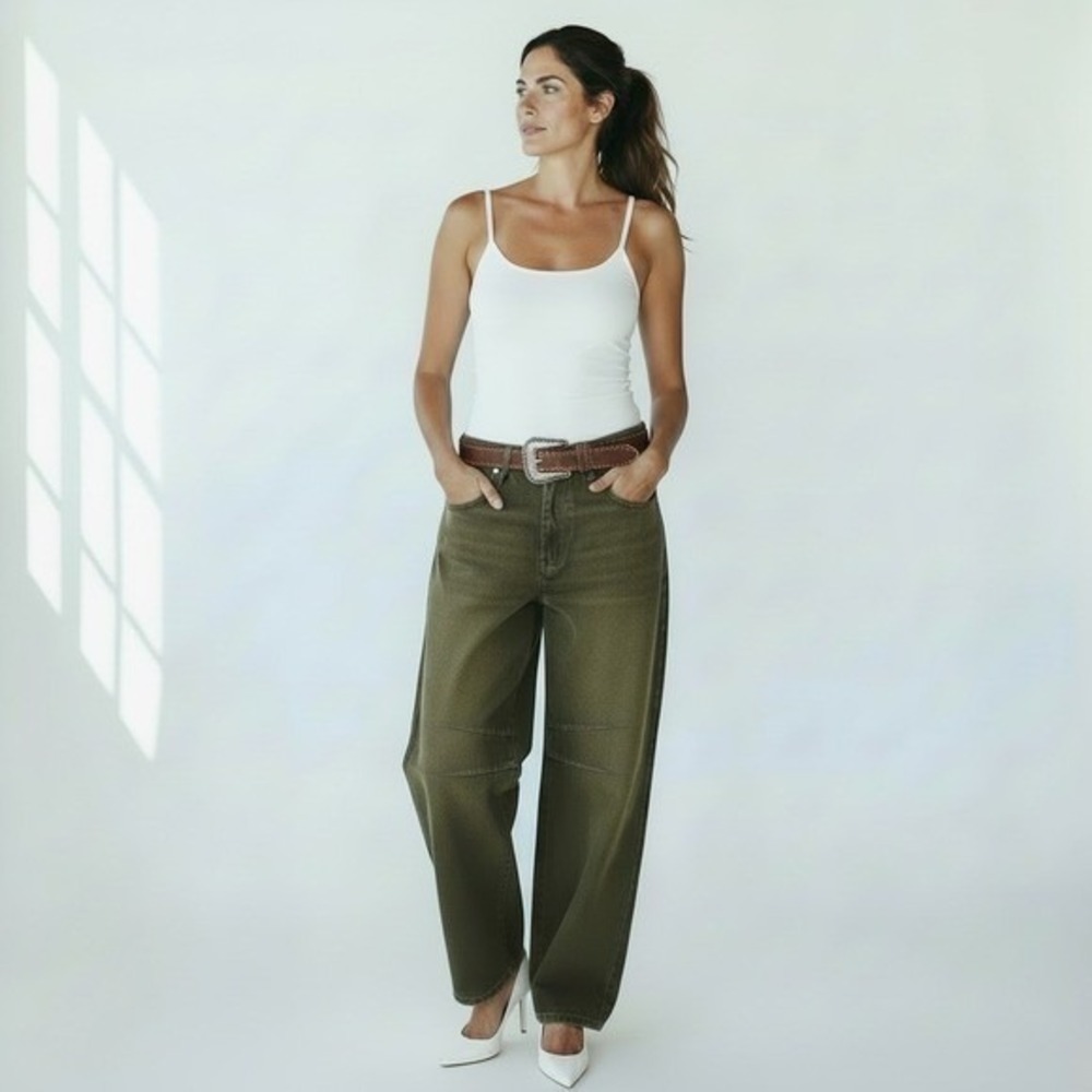 We The Free Free People Good Luck Mid-Rise Barrel Jeans Coated New Moon Brown 26